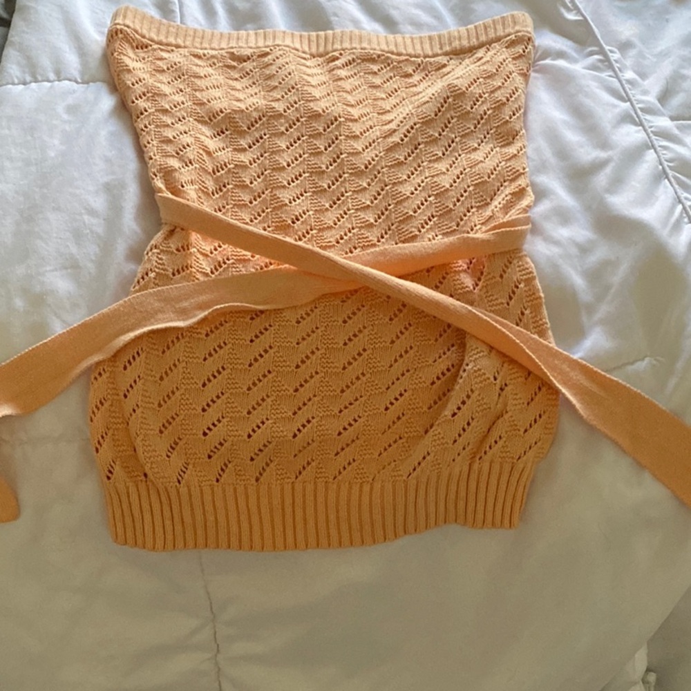 Guess Orange Off-Shoulder Cable Knit Blouse with Ribbed Edges